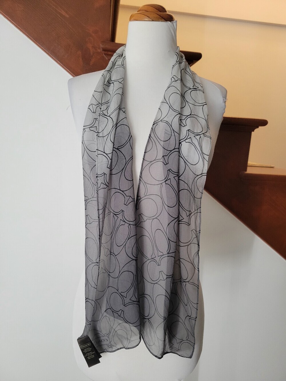 Coach Gray Logo Print Lightweight Scarf 100% silk